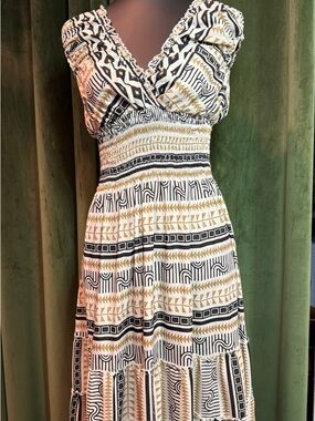 Smocked Waist Black and Cream Geometric Maxi Dress